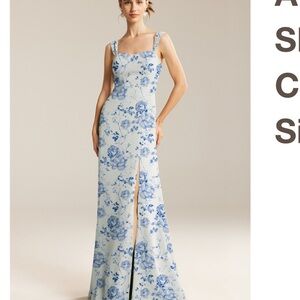 White and blue floral gown